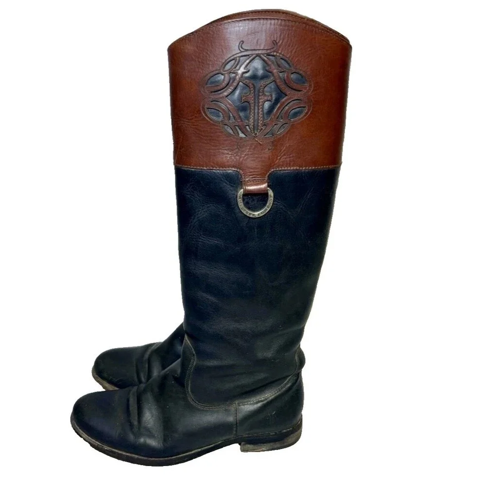 Frye Melissa Logo Black & Brown Leather Knee High Boots 76436 Women's 8
